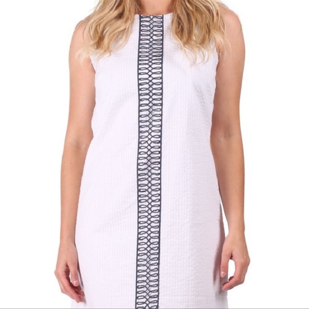 Duffield Lane Sinclair Dress Large White Seersucker Navy Lace Sleeveless Women's